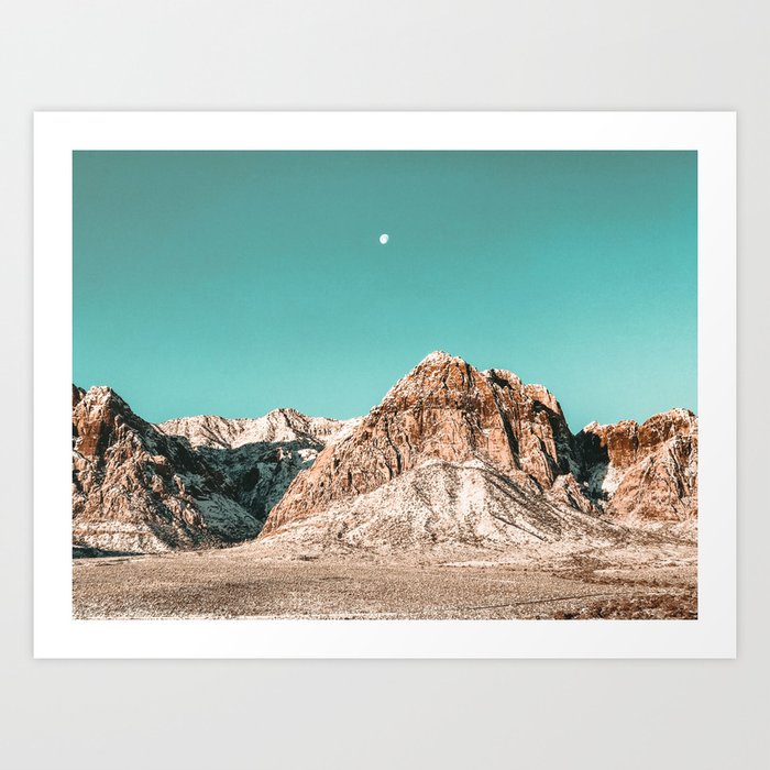 Vintage Red Rocks Moon // Mountain Range Snowcaps in Winter Desert Landscape Photograph Luna Sky Art Print