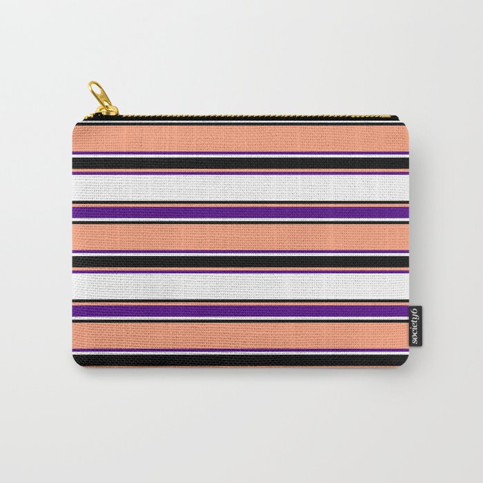 Light Salmon, Indigo, White, and Black Colored Striped Pattern Carry-All Pouch