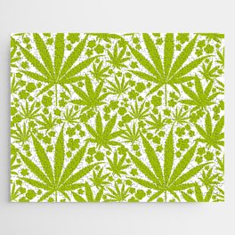 Green On White Modern Cannabis And Flowers Pattern Jigsaw Puzzle