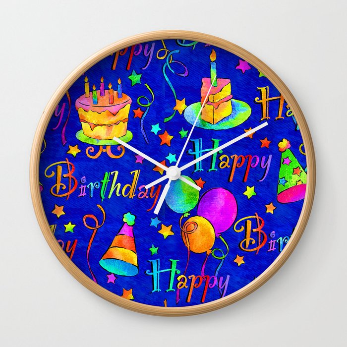 Happy Birthday Celebration with Balloons, Streamers, Cakes in Bright Colors on Blue Wall Clock