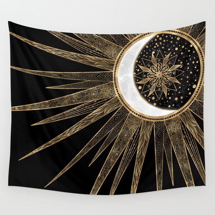 Mystic Black Gold Sun Moon Mandala Wall Tapestry