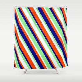 [ Thumbnail: Red, Blue, Light Green, and Mint Cream Colored Lined/Striped Pattern Shower Curtain ]