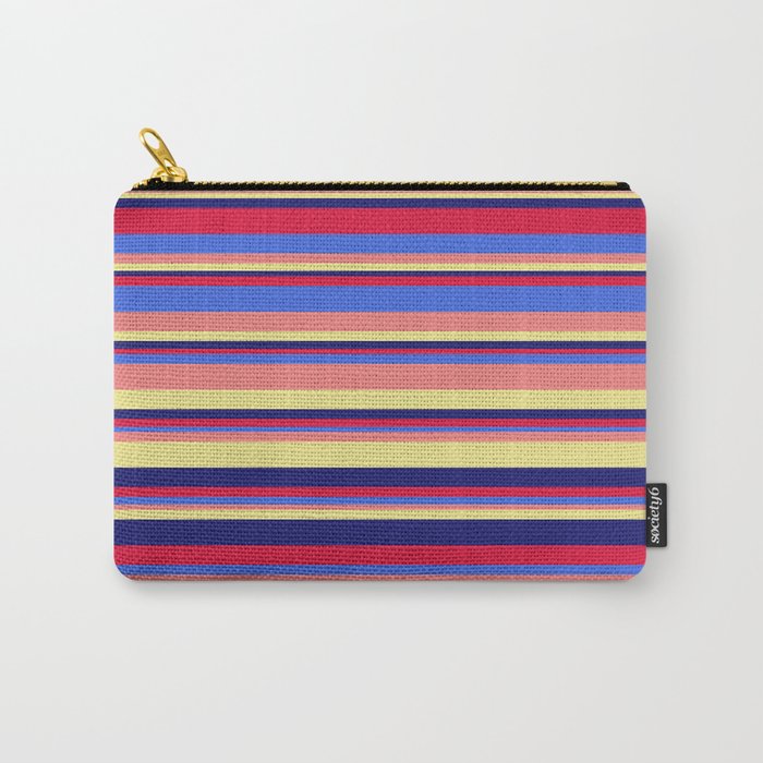 Eye-catching Crimson, Royal Blue, Light Coral, Tan, and Midnight Blue Colored Striped/Lined Pattern Carry-All Pouch