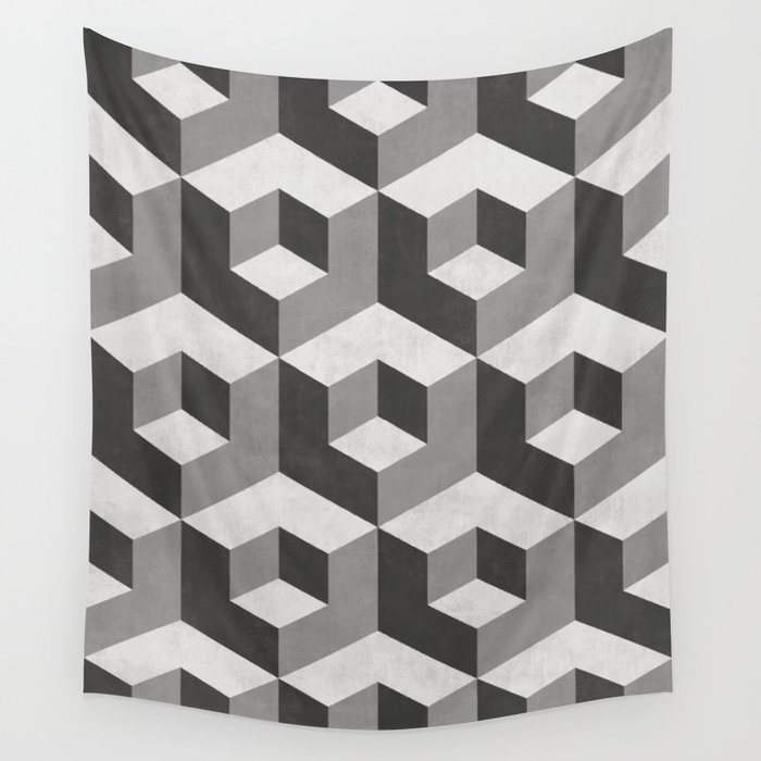 Geometric Cube Pattern 2 - Black, White, Grey Wall Tapestry