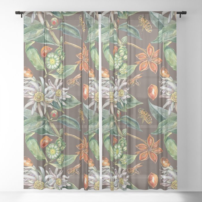Watercolor botanical seamless pattern of culinary and healing plant star anise Sheer Curtain