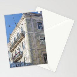 Round corner building in Lisbon, Portugal - green and yellow azulejos - summer street and travel photography Stationery Card