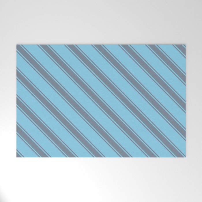 Sky Blue and Light Slate Gray Colored Stripes Pattern Welcome Mat