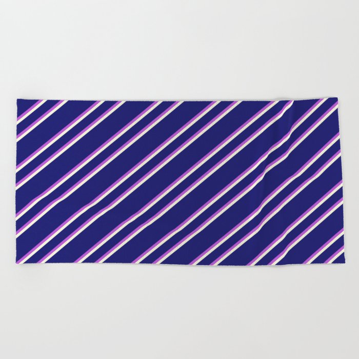 Midnight Blue, Orchid, and Beige Colored Lined Pattern Beach Towel