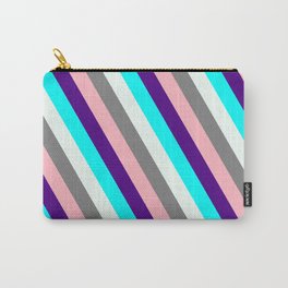 [ Thumbnail: Colorful Indigo, Cyan, Mint Cream, Grey, and Light Pink Colored Lined/Striped Pattern Carry-All Pouch ]