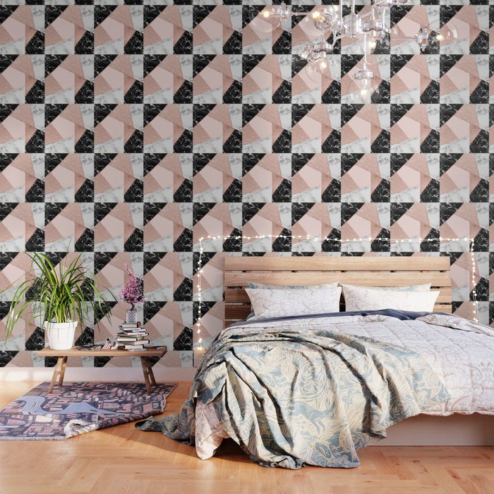 Modern Rose Gold Glitter Black White Marble Geometric Color Block