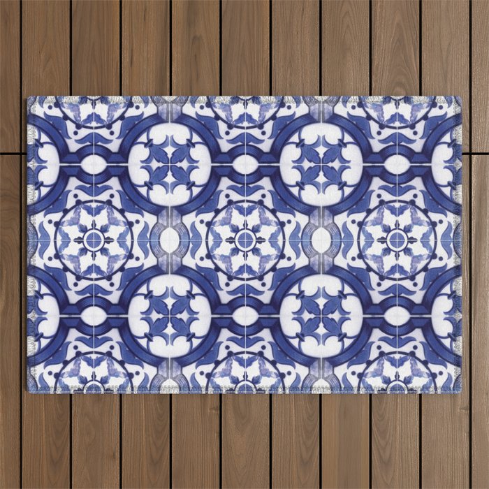 Portuguese Tiles Azulejos Blue and White Pattern Outdoor Rug