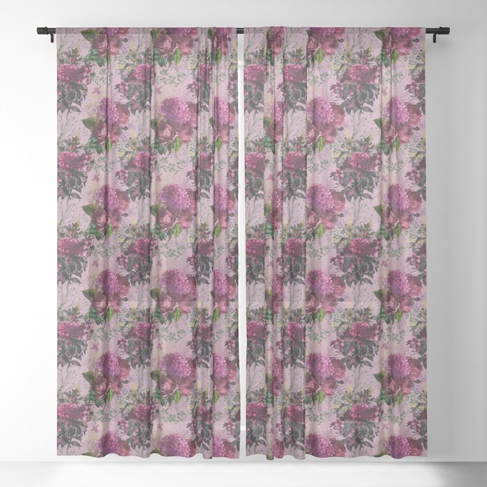 Burgundy Pink Flower Bouquets Pattern Sheer Curtain