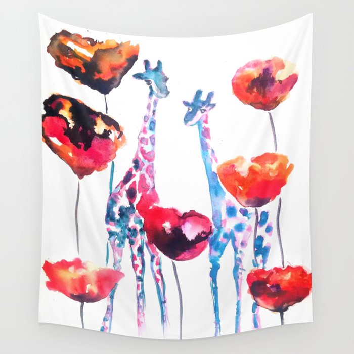 Giraffes and Poppies Wall Tapestry