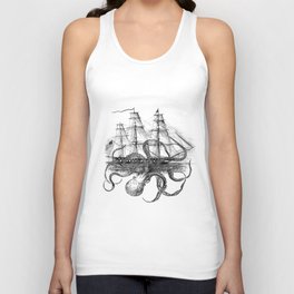 Octopus Attacks Ship on White Background Unisex Tank Top