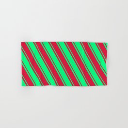 [ Thumbnail: Green & Crimson Colored Lined Pattern Hand & Bath Towel ]