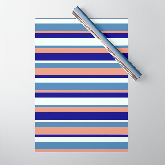 Blue, Dark Salmon, Dark Blue & Mint Cream Colored Stripes Pattern Wrapping Paper
