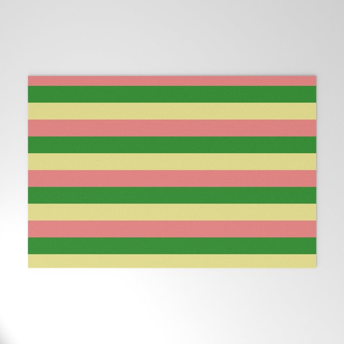 Tan, Light Coral, and Forest Green Colored Lined Pattern Welcome Mat