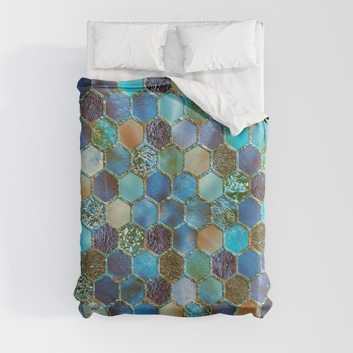 Blue & green metal glitter geometric hexagonal honeycomb pattern Duvet Cover
