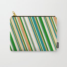 [ Thumbnail: Vibrant Brown, Dark Cyan, Tan, White & Green Colored Striped Pattern Carry-All Pouch ]