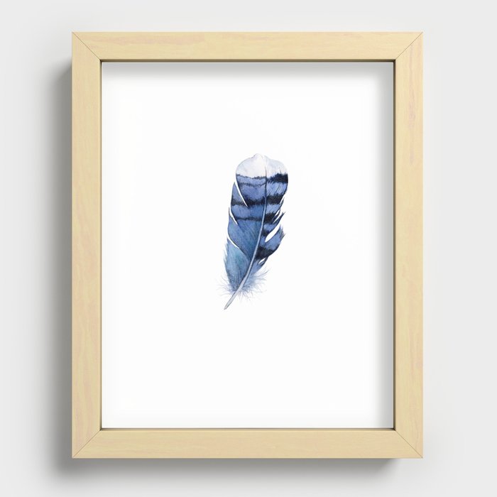 Blue Feather, Blue Jay Feather, Watercolor Feather, Art Watercolor Painting by Suisai Genki Recessed Framed Print