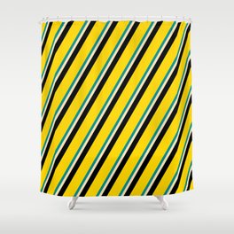 [ Thumbnail: Dark Cyan, Beige, Black & Yellow Colored Stripes/Lines Pattern Shower Curtain ]