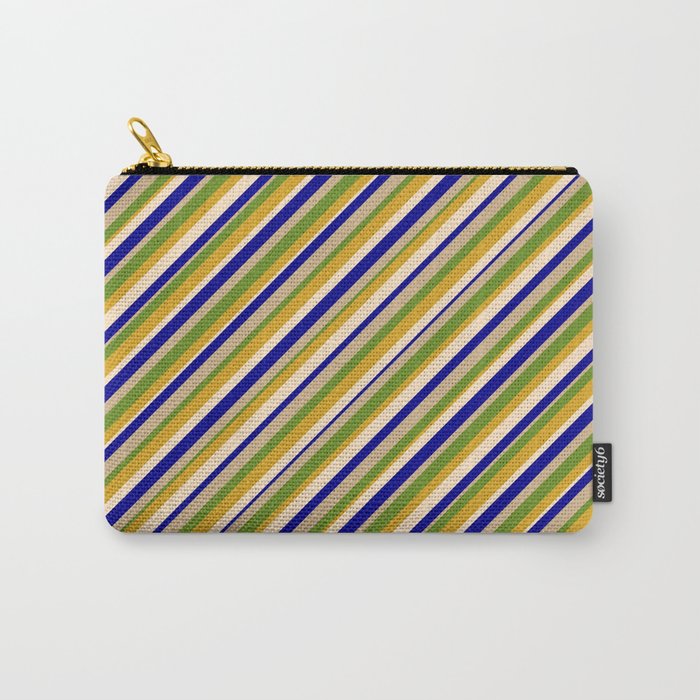 Vibrant Dark Blue, Tan, Green, Goldenrod & Bisque Colored Striped Pattern Carry-All Pouch