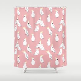 Cockatoos in Coral Background Shower Curtain