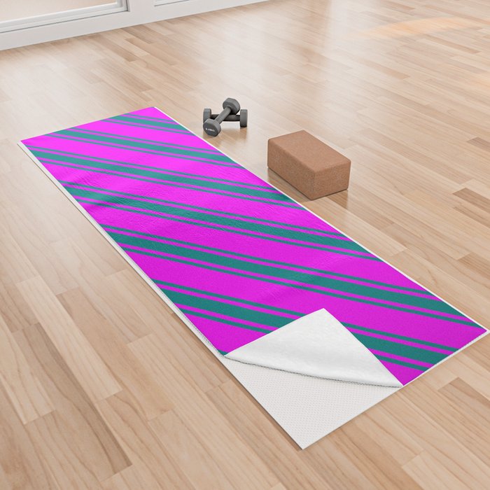 Fuchsia and Teal Colored Stripes Pattern Yoga Towel