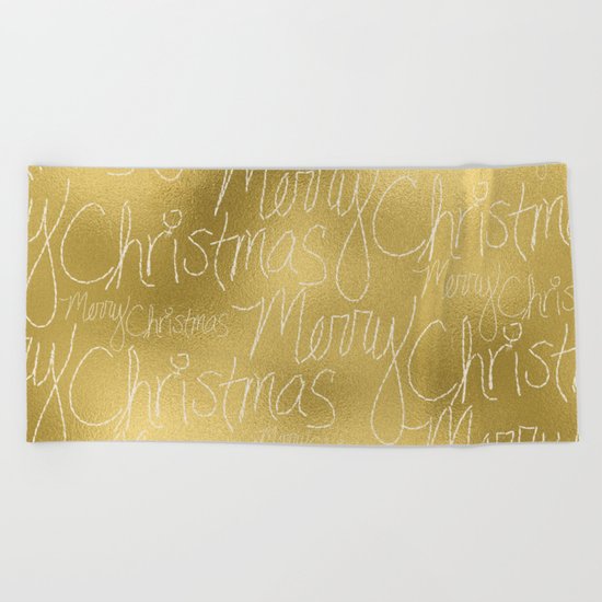 Merry christmas- christmas typography on gold pattern Beach Towel