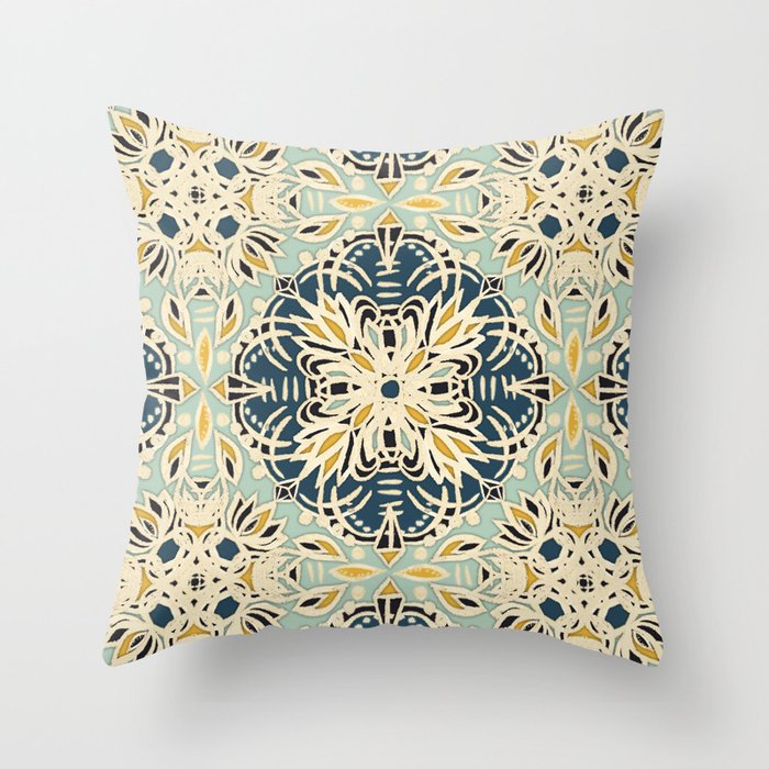 Protea Pattern in Deep Teal, Cream, Sage Green & Yellow Ochre Throw Pillow