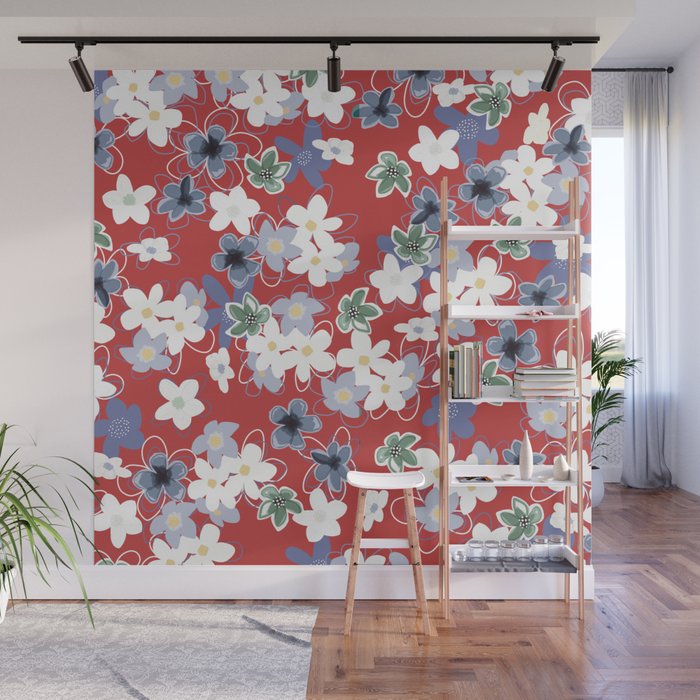 Plumeria in red white and blue Wall Mural