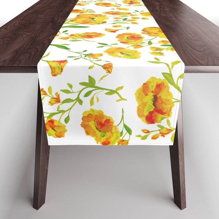 Yellow-gold flowers on white - yellow, gold, amber - series A Table Runner