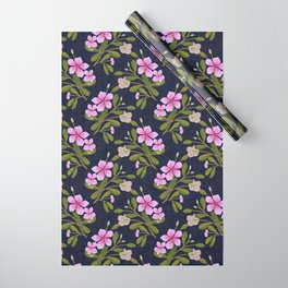 Periwinkle flower in pink on dark navy blue Wrapping Paper