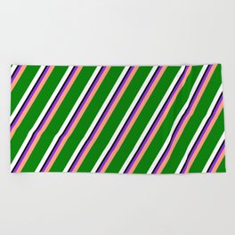 [ Thumbnail: Purple, Light Salmon, Green, White, and Black Colored Striped/Lined Pattern Beach Towel ]