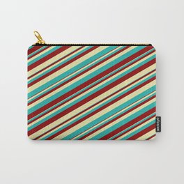 [ Thumbnail: Pale Goldenrod, Light Sea Green, and Dark Red Colored Striped Pattern Carry-All Pouch ]
