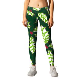 Green Pinstripe Holly with Dark Green Background  Leggings