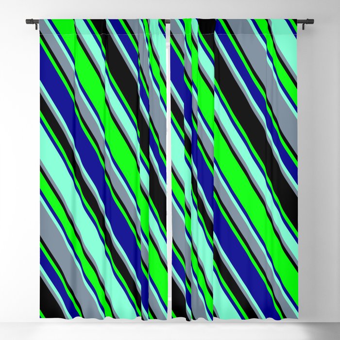 Colorful Black, Lime, Dark Blue, Aquamarine, and Light Slate Gray Colored Lined Pattern Blackout Curtain