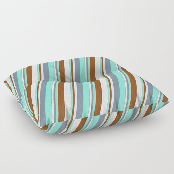 Light Slate Gray, Aquamarine, Brown & Mint Cream Colored Stripes/Lines Pattern Floor Pillow