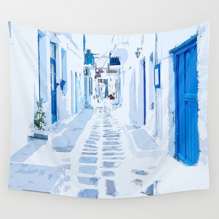 Mykonos Greece Watercolor Digital Painting Wall Tapestry By