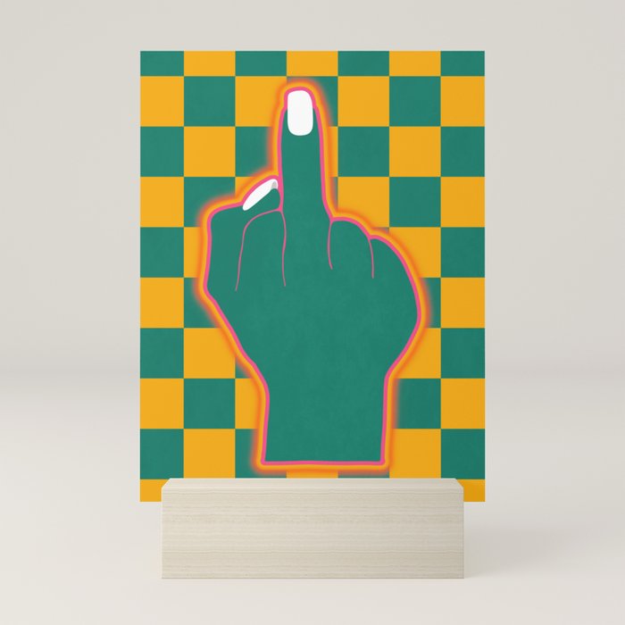 Funky bright colorful pop art middle finger yellow blue check Mini