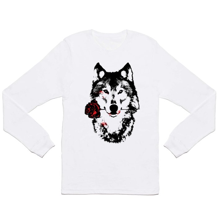 Wolf blood stained, holding a red rose. Long Sleeve T Shirt