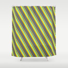 [ Thumbnail: Aquamarine, Yellow, and Dim Gray Colored Lined/Striped Pattern Shower Curtain ]