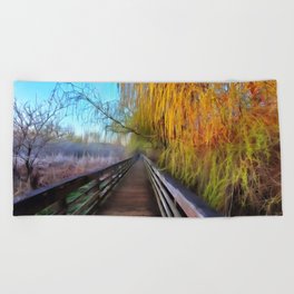 Gorgeous Gold and Yellow Willow Tree on Boardwalk Beach Towel