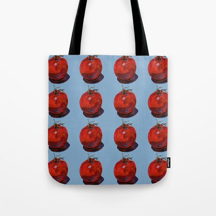 Oil painted tomato on blue background Tote Bag