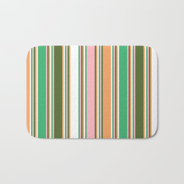 Colorful Sea Green, Light Pink, Dark Olive Green, Brown, and White Colored Lines Pattern Bath Mat