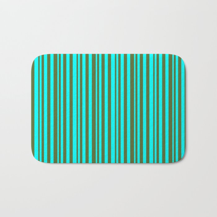 Cyan and Dark Olive Green Colored Lined/Striped Pattern Bath Mat