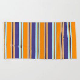 [ Thumbnail: Dark Slate Blue, Tan, Dark Orange & Turquoise Colored Stripes Pattern Beach Towel ]