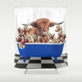 Highland Cow blue Bathtub Magnolia Flowers  Shower Curtain