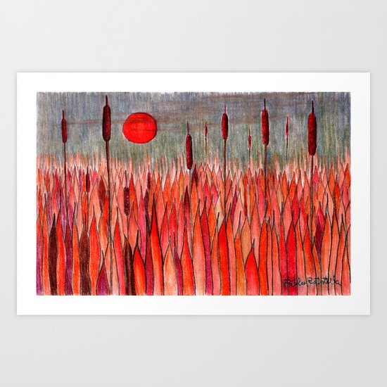 Sunset Over the Cattail Field Art Print