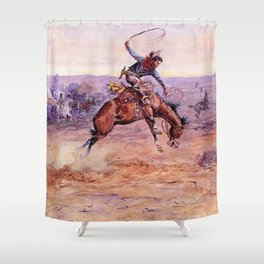 “Bucking Bronco” by Charles M Russell Shower Curtain